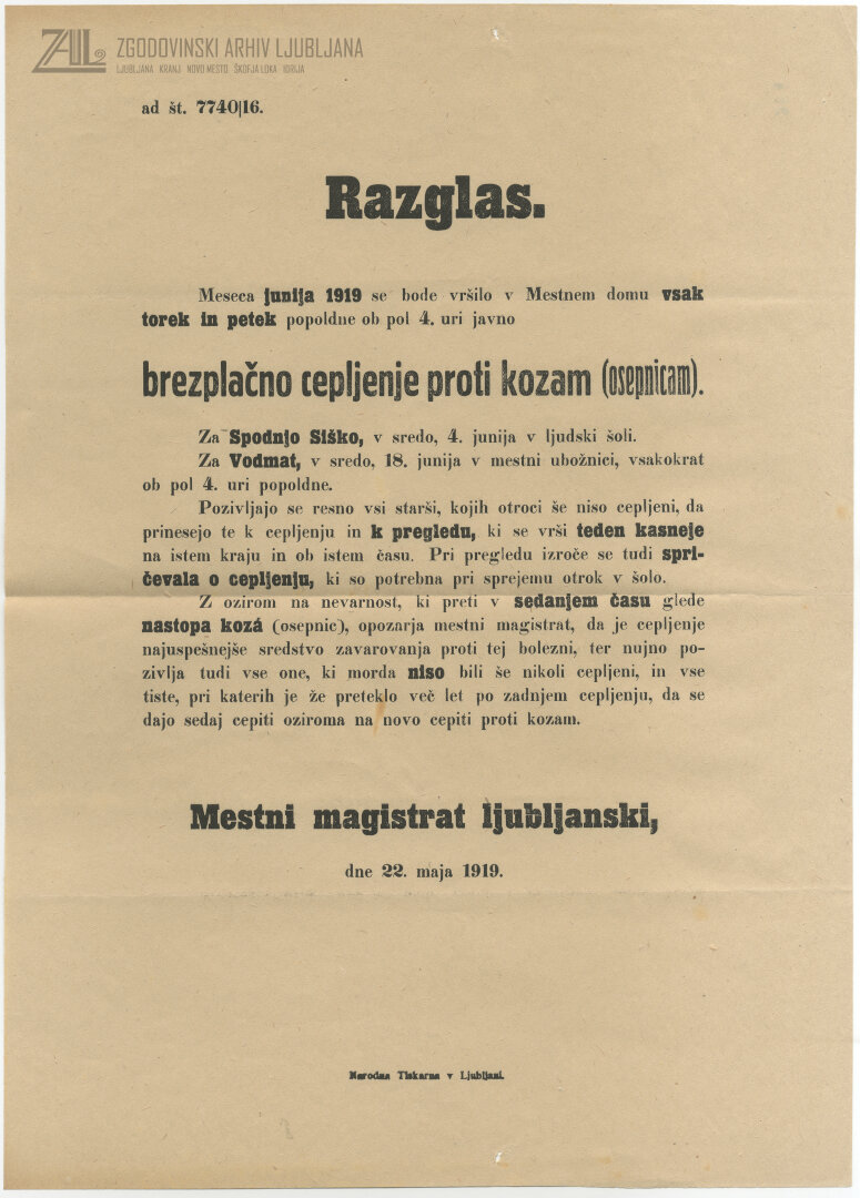 Razglas o brezplačnem cepljenju proti kozam v Ljubljani (junij 1919). (SI_ZAL_LJU/0489, Mesto Ljubljana, splošna mestna registratura, fasc. 1857, fol. 384)