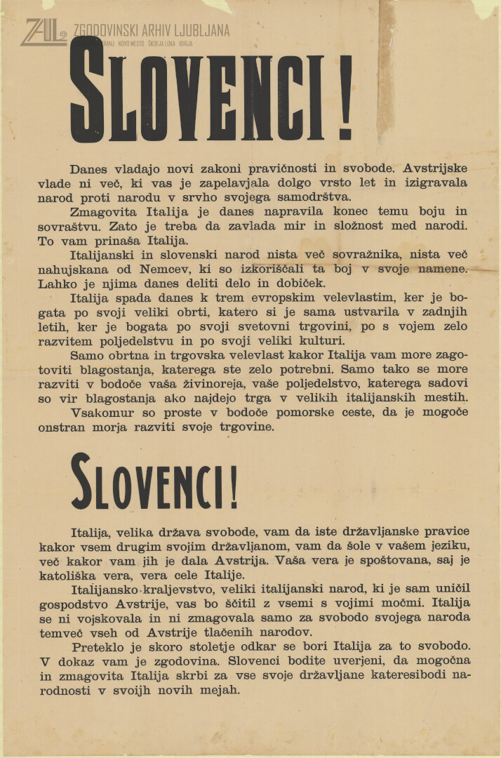 Razglas Italijanov, osvoboditeljev slovenskega ozemlja, po zasedbi novembra 1918. (SI_ZAL_IDR/0129, Občina Idrija, fasc. 676)