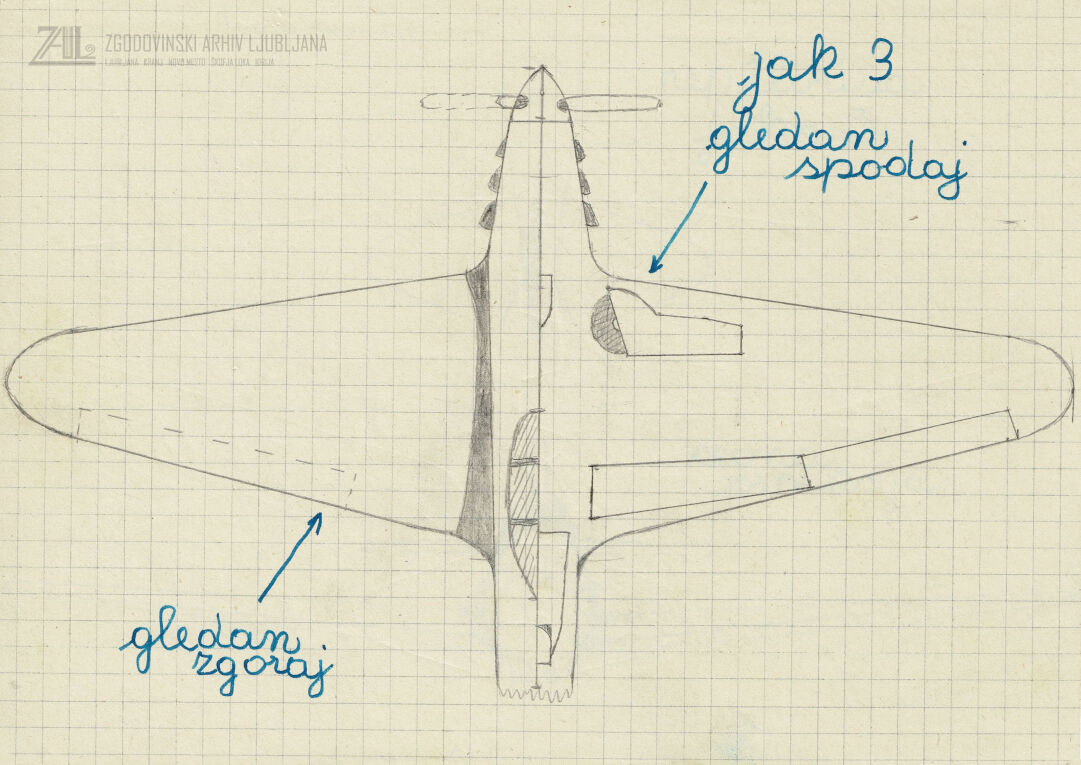 Skice sovjetskega lovskega letala JAK3, ki jih je narisal idrijski modelar Ivan Eržen, 1950. SI_ZAL_IDR/0060 Aeroklub Idrija, t. e. 1, p. e. 22.
