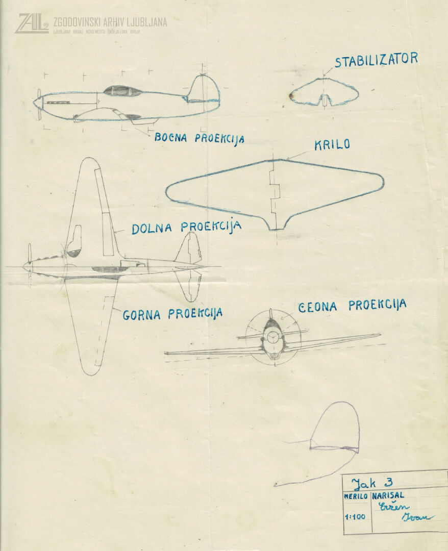 Skice sovjetskega lovskega letala JAK3, ki jih je narisal idrijski modelar Ivan Eržen, 1950. SI_ZAL_IDR/0060 Aeroklub Idrija, t. e. 1, p. e. 22. 1