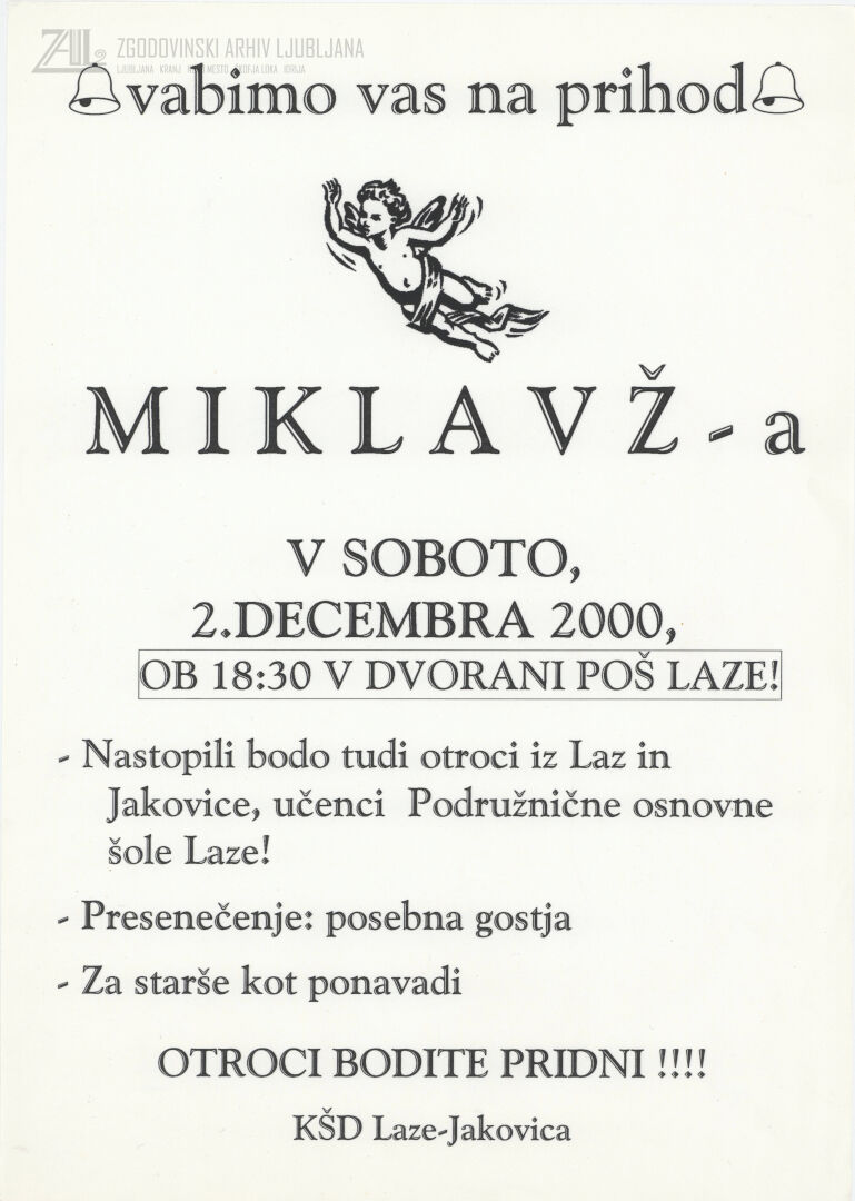 Kulturno športno društvo Laze – Jakovica: vabilo na Miklavževanje, 2. december 2000. SI_ZAL_LOG/0051 Kulturno športno društvo Laze, t. e. 3, p. e. 10.