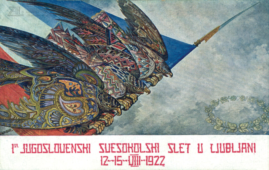 Razglednica 1. jugoslovanskega vsesokolskega zleta v Ljubljani, 1922. SI_ZAL_NME/0149 Zbirka Muzejskega društva Novo mesto, t. e. 1.