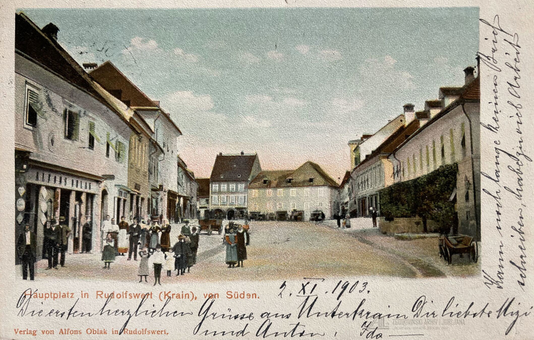 Trgovina Alfonza Oblaka na novomeškem Glavnem trgu, 1903. SI_ZAL_NME/0182 Gospostvo Struga, t. e. 1.